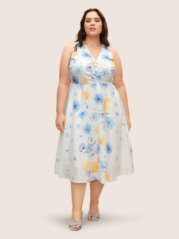 Women's Peter Pan Collar DressesOverlap Collar Watercolor Floral Sleeveless Dress