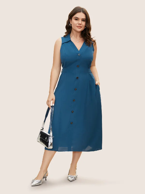 Women's V-Neck DressesShirt Collar Button Detail Sleeveless Dress