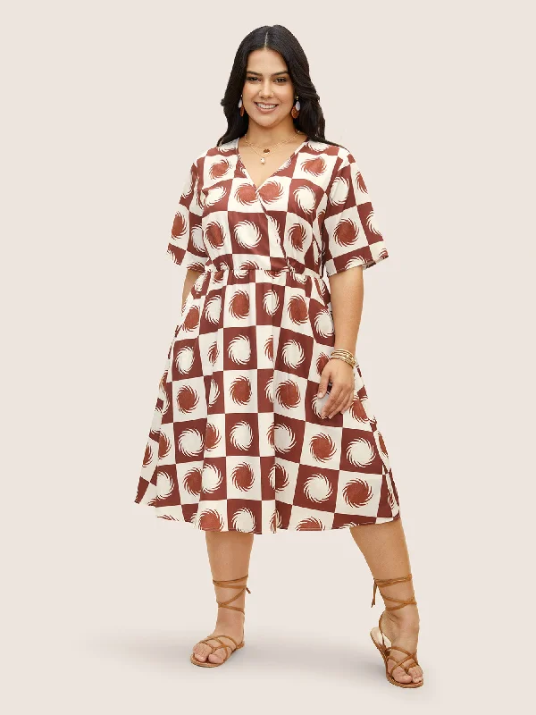 Women's Low-Neck DressesSun Print Overlap Collar Elastic Waist Dress