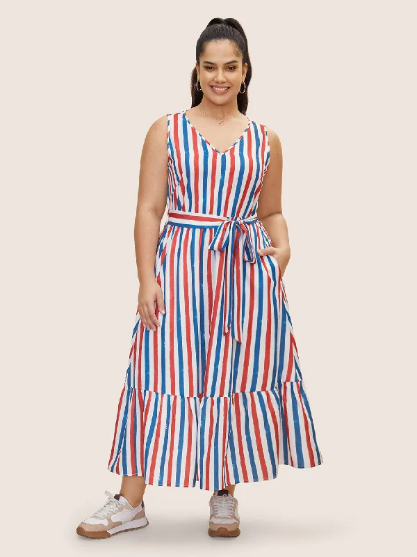 Women's Strapless DressesV Neck Contrast Striped Tank Dress