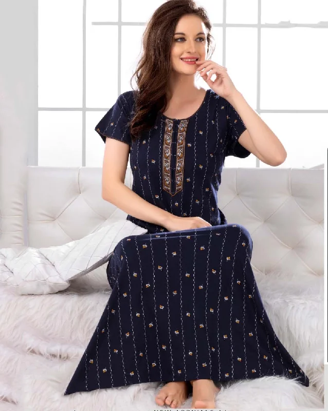 women's pajamas with a charming floral patternBlue Printed Cotton Maxi Night Wear for Women