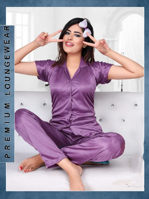 women's pajamas with a classic designPurple Satin Night Suit Wear Set for Ladies