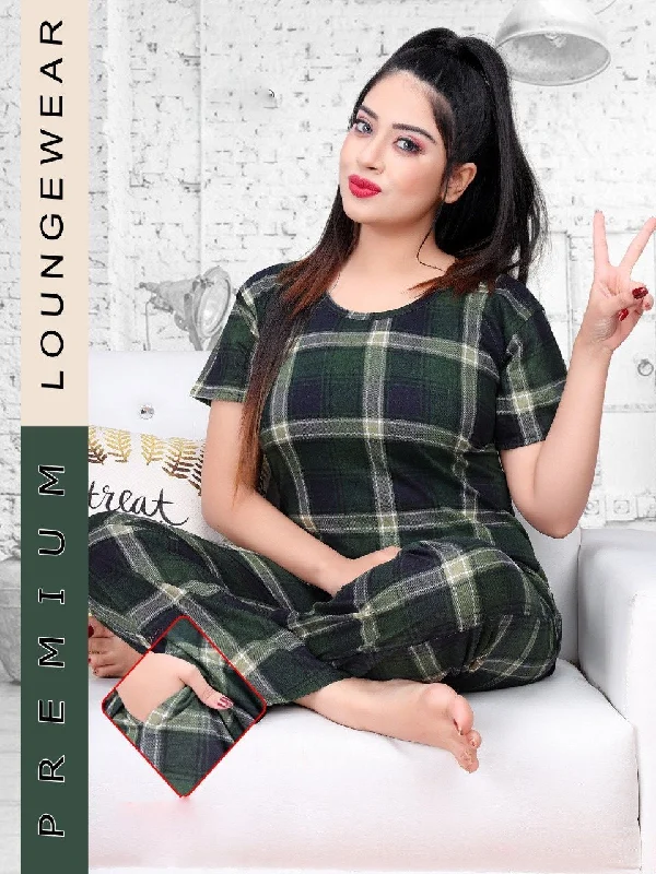 women's pajamas with lace trimGreen Checked Night suit for ladies with long Top and Pockets