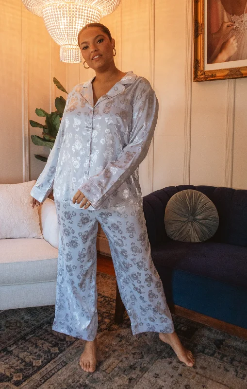 women's pajamas with a relaxed, casual vibeClassic Cropped PJ Set ~ Blue Floral Silky