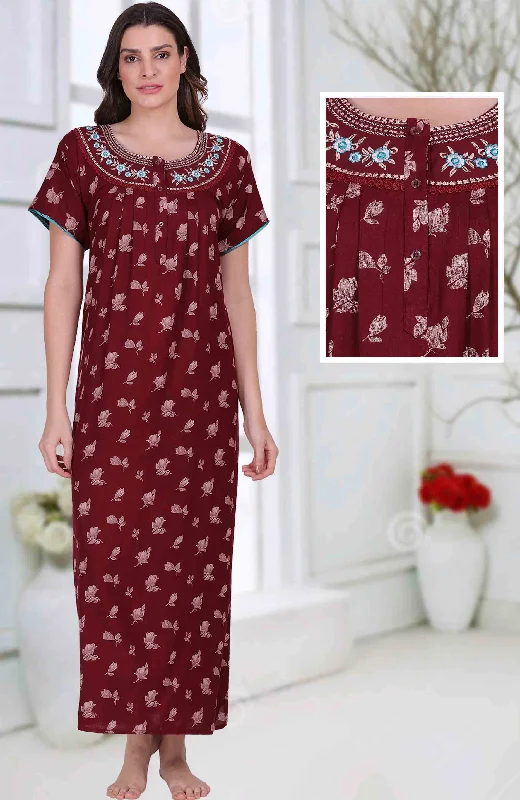 women's pajamas with elastic waistbandsCotton Long Maroon Nighty for Woman with Embroidery