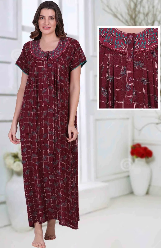 affordable women's pajama setsCotton Long Maroon Nighties for ladies with Embroidery