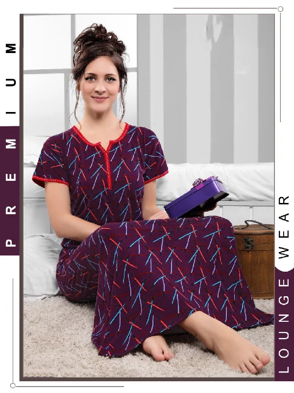 women's pajamas with a charming floral patternCotton Purple Blue Nighty Night wear for Women