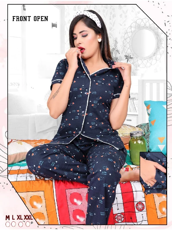 women's pajamas with a touch of eleganceCotton Blue Printed Collar Top Pyjama Sets Night Wear