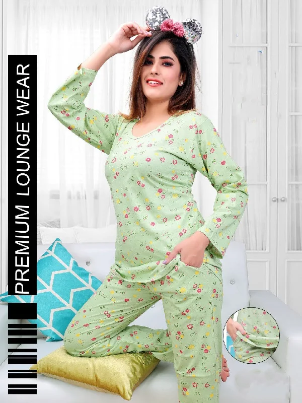 women's pajamas for those who love comfortFull Sleeves Green Printed Cotton Night Suit for Women