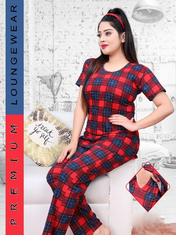 women's pajamas with pocketsRed Checked Night suit for ladies with long Top and Pockets