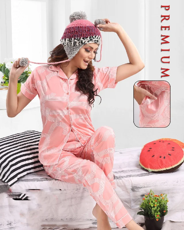 women's pajamas with a charming floral patternLadies Cotton Printed Pink Collar Top Pyjama Sets Nightwear