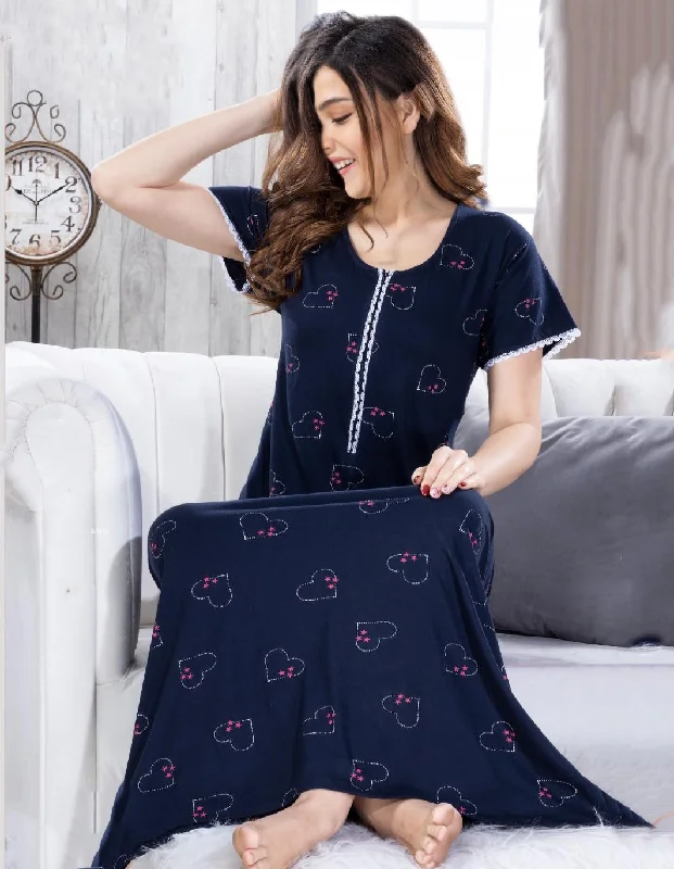 women's pajamas with a classic designBlue Long Cotton Nighty Dress for Ladies