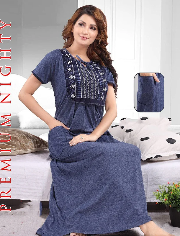 women's pajamas for a night of restPure cotton Blue hosiery nighty Gown with embroidery