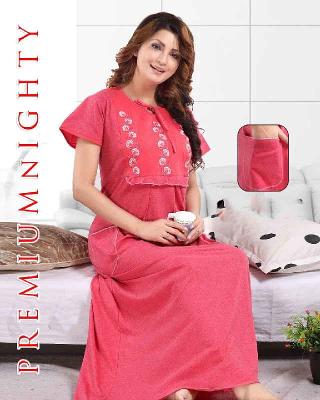 women's pajamas for a cozy night inPure cotton Pink hosiery nighty Gown with embroidery