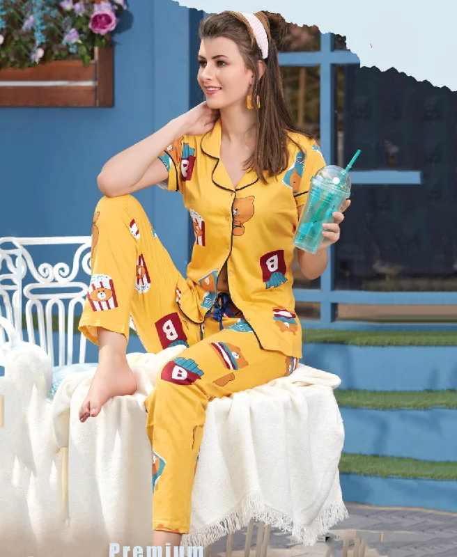 women's pajamas for movie nightsPure Cotton Yellow Night suit Set for Women with Collar