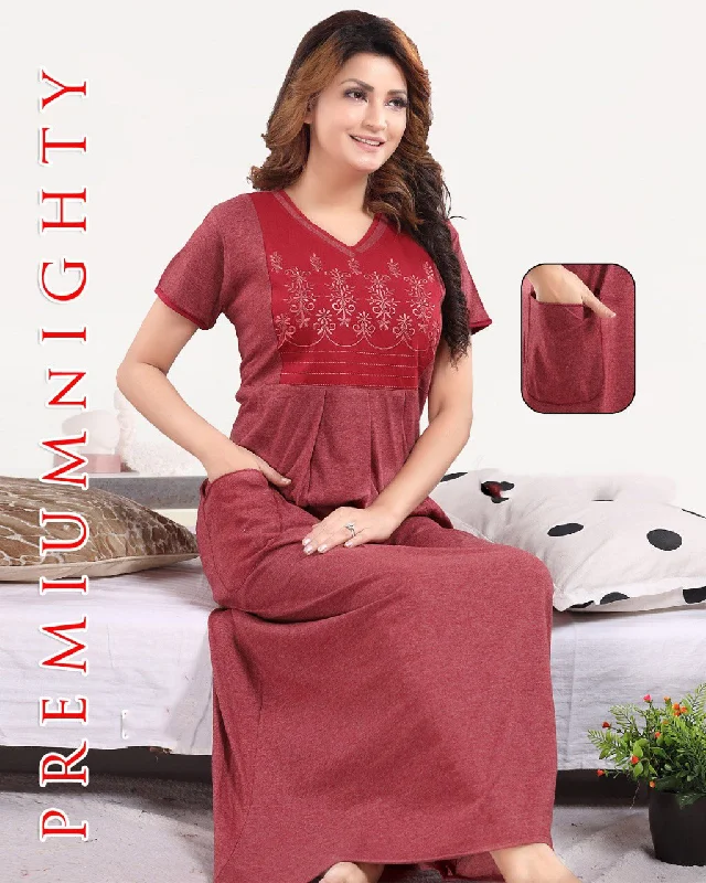 women's pajamas with a stylish cutPure cotton Maroon hosiery nighty Gown for Women