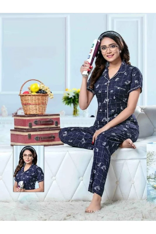 women's pajamas with a relaxed fitRayon Collar Women Night Suits Dark Blue