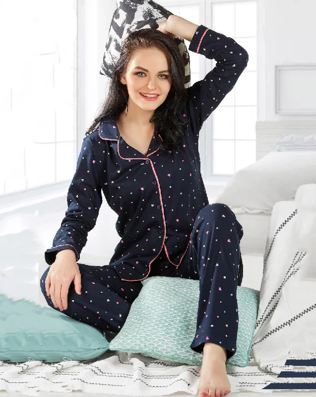 women's pajamas designed for those who believe in sweet dreams and cozy nights.Blue Full Sleeves Winter Cotton Night suit Set for ladies