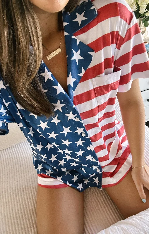 women's pajamas for ultimate relaxationSunday Morning PJ Set ~ American Flag Print