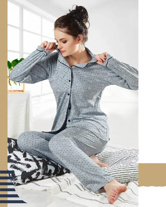 women's pajamas with pockets on legsWinter Full Sleeve Grey Night Suit Pyjama Set for Ladies